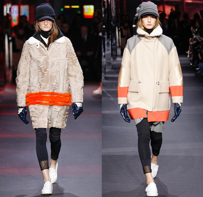 Moncler Gamme Rouge 2014-2015 Fall Autumn Winter Womens Runway Looks - Paris Fashion Week Mode à Paris Prêt à Porter Défilés - Leggings Jogging Sweatpants Outerwear Coat Topcoat Overcoat Parka Oversized Stripes Metallic Silver Cargo Pockets Furry Hat Flowers Florals Abstract Gloves Geometric Skirt Frock Beanie Knit Cap Hoodie Spikes