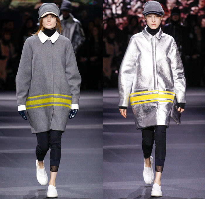 Moncler Gamme Rouge 2014-2015 Fall Autumn Winter Womens Runway Looks - Paris Fashion Week Mode à Paris Prêt à Porter Défilés - Leggings Jogging Sweatpants Outerwear Coat Topcoat Overcoat Parka Oversized Stripes Metallic Silver Cargo Pockets Furry Hat Flowers Florals Abstract Gloves Geometric Skirt Frock Beanie Knit Cap Hoodie Spikes