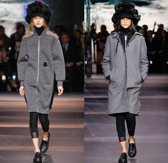 Moncler Gamme Rouge 2014-2015 Fall Autumn Winter Womens Runway Looks - Paris Fashion Week Mode à Paris Prêt à Porter Défilés - Leggings Jogging Sweatpants Outerwear Coat Topcoat Overcoat Parka Oversized Stripes Metallic Silver Cargo Pockets Furry Hat Flowers Florals Abstract Gloves Geometric Skirt Frock Beanie Knit Cap Hoodie Spikes