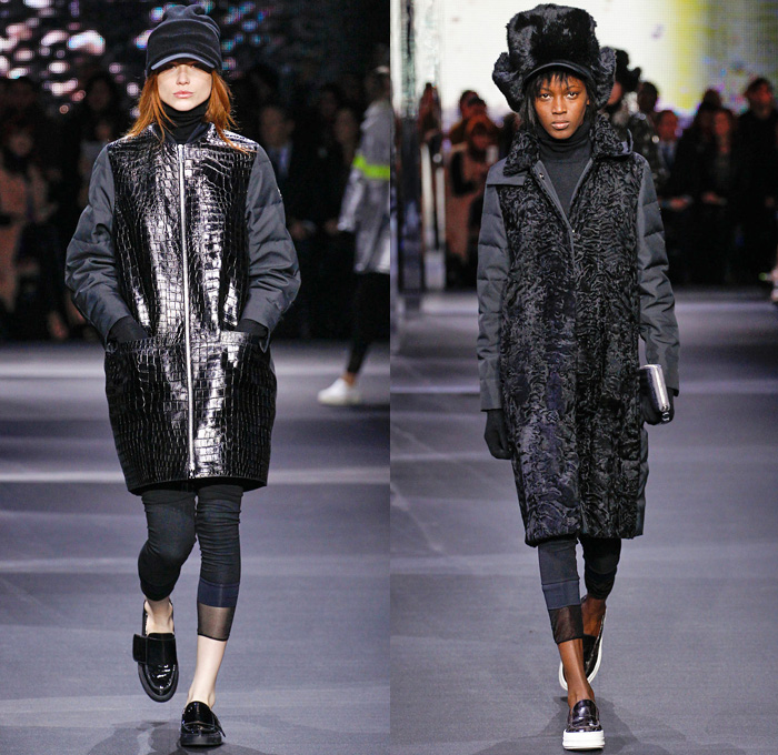 Moncler Gamme Rouge 2014-2015 Fall Autumn Winter Womens Runway Looks - Paris Fashion Week Mode à Paris Prêt à Porter Défilés - Leggings Jogging Sweatpants Outerwear Coat Topcoat Overcoat Parka Oversized Stripes Metallic Silver Cargo Pockets Furry Hat Flowers Florals Abstract Gloves Geometric Skirt Frock Beanie Knit Cap Hoodie Spikes