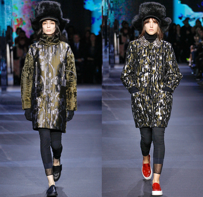 Moncler Gamme Rouge 2014-2015 Fall Autumn Winter Womens Runway Looks - Paris Fashion Week Mode à Paris Prêt à Porter Défilés - Leggings Jogging Sweatpants Outerwear Coat Topcoat Overcoat Parka Oversized Stripes Metallic Silver Cargo Pockets Furry Hat Flowers Florals Abstract Gloves Geometric Skirt Frock Beanie Knit Cap Hoodie Spikes