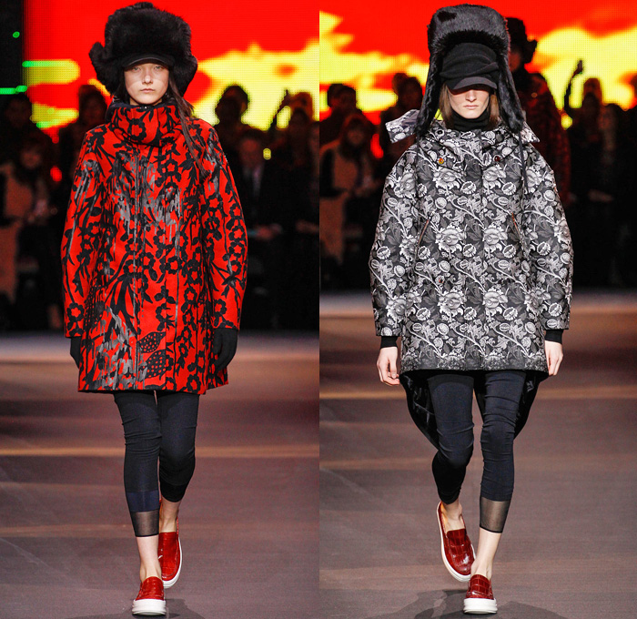 Moncler Gamme Rouge 2014-2015 Fall Autumn Winter Womens Runway Looks - Paris Fashion Week Mode à Paris Prêt à Porter Défilés - Leggings Jogging Sweatpants Outerwear Coat Topcoat Overcoat Parka Oversized Stripes Metallic Silver Cargo Pockets Furry Hat Flowers Florals Abstract Gloves Geometric Skirt Frock Beanie Knit Cap Hoodie Spikes