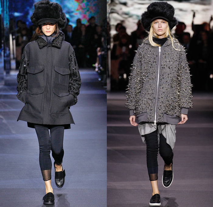 Moncler Gamme Rouge 2014-2015 Fall Autumn Winter Womens Runway Looks - Paris Fashion Week Mode à Paris Prêt à Porter Défilés - Leggings Jogging Sweatpants Outerwear Coat Topcoat Overcoat Parka Oversized Stripes Metallic Silver Cargo Pockets Furry Hat Flowers Florals Abstract Gloves Geometric Skirt Frock Beanie Knit Cap Hoodie Spikes