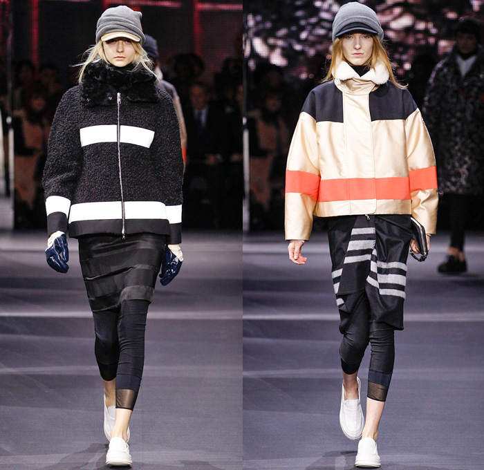 Moncler Gamme Rouge 2014-2015 Fall Autumn Winter Womens Runway Looks - Paris Fashion Week Mode à Paris Prêt à Porter Défilés - Leggings Jogging Sweatpants Outerwear Coat Topcoat Overcoat Parka Oversized Stripes Metallic Silver Cargo Pockets Furry Hat Flowers Florals Abstract Gloves Geometric Skirt Frock Beanie Knit Cap Hoodie Spikes