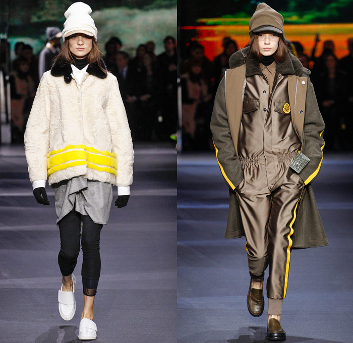 Moncler Gamme Rouge 2014-2015 Fall Autumn Winter Womens Runway Looks - Paris Fashion Week Mode à Paris Prêt à Porter Défilés - Leggings Jogging Sweatpants Outerwear Coat Topcoat Overcoat Parka Oversized Stripes Metallic Silver Cargo Pockets Furry Hat Flowers Florals Abstract Gloves Geometric Skirt Frock Beanie Knit Cap Hoodie Spikes