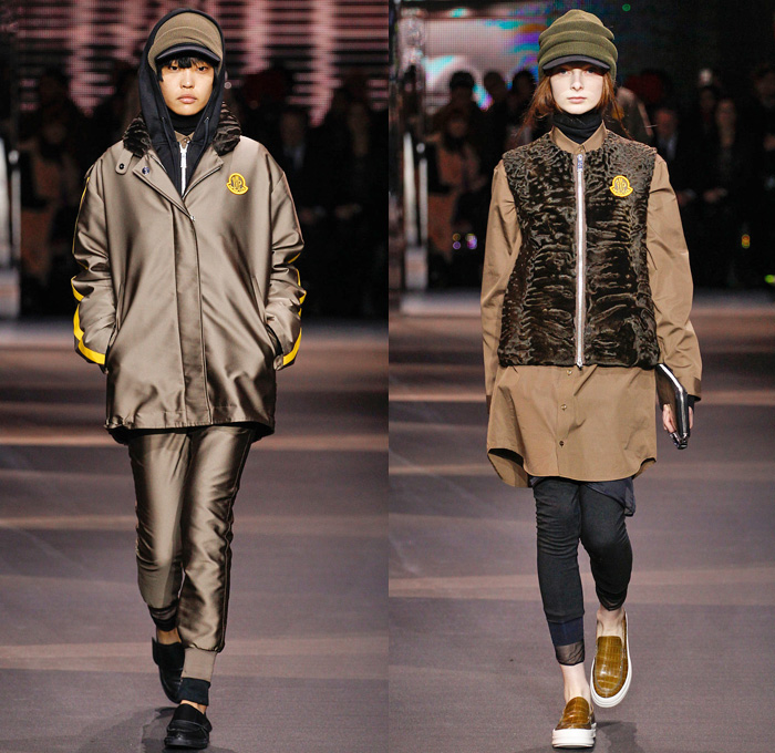 Moncler Gamme Rouge 2014-2015 Fall Autumn Winter Womens Runway Looks - Paris Fashion Week Mode à Paris Prêt à Porter Défilés - Leggings Jogging Sweatpants Outerwear Coat Topcoat Overcoat Parka Oversized Stripes Metallic Silver Cargo Pockets Furry Hat Flowers Florals Abstract Gloves Geometric Skirt Frock Beanie Knit Cap Hoodie Spikes