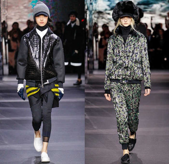 Moncler Gamme Rouge 2014-2015 Fall Autumn Winter Womens Runway Looks - Paris Fashion Week Mode à Paris Prêt à Porter Défilés - Leggings Jogging Sweatpants Outerwear Coat Topcoat Overcoat Parka Oversized Stripes Metallic Silver Cargo Pockets Furry Hat Flowers Florals Abstract Gloves Geometric Skirt Frock Beanie Knit Cap Hoodie Spikes