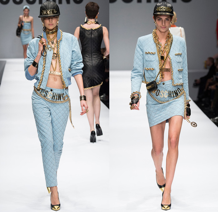 Moschino 2014-2015 Fall Autumn Winter Womens Runway Looks - Milano Moda Donna Milan Fashion Week - Camera Nazionale della Moda Italiana - Denim Jeans Waffle Quilted Outerwear Trench Coat Bomber Jacket Chains Urban Streetwear Gold Metallic Padlock Biker Ronald Mcdonald Cow SpongeBob SquarePants Polka Dots Teddy Candies Snacks Nutrition Facts Dress