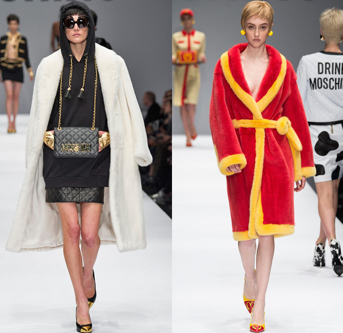 Moschino 2014-2015 Fall Autumn Winter Womens Runway Looks - Milano Moda Donna Milan Fashion Week - Camera Nazionale della Moda Italiana - Denim Jeans Waffle Quilted Outerwear Trench Coat Bomber Jacket Chains Urban Streetwear Gold Metallic Padlock Biker Ronald Mcdonald Cow SpongeBob SquarePants Polka Dots Teddy Candies Snacks Nutrition Facts Dress