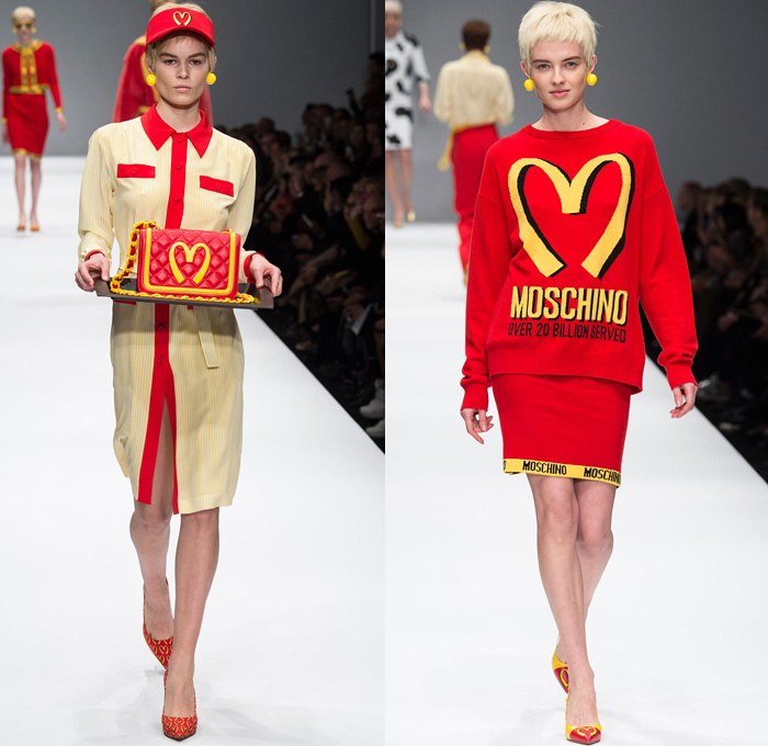 Moschino 2014-2015 Fall Autumn Winter Womens Runway Looks - Milano Moda Donna Milan Fashion Week - Camera Nazionale della Moda Italiana - Denim Jeans Waffle Quilted Outerwear Trench Coat Bomber Jacket Chains Urban Streetwear Gold Metallic Padlock Biker Ronald Mcdonald Cow SpongeBob SquarePants Polka Dots Teddy Candies Snacks Nutrition Facts Dress