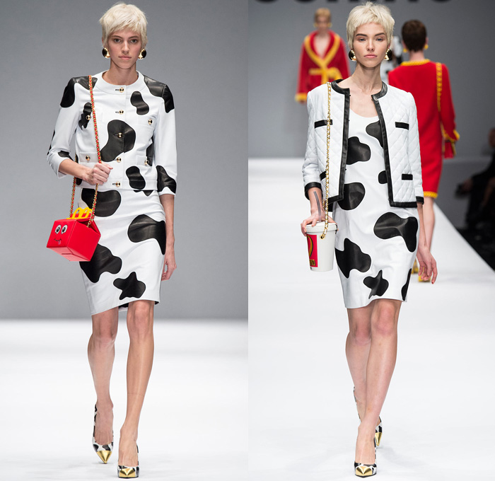 Moschino 2014-2015 Fall Autumn Winter Womens Runway Looks - Milano Moda Donna Milan Fashion Week - Camera Nazionale della Moda Italiana - Denim Jeans Waffle Quilted Outerwear Trench Coat Bomber Jacket Chains Urban Streetwear Gold Metallic Padlock Biker Ronald Mcdonald Cow SpongeBob SquarePants Polka Dots Teddy Candies Snacks Nutrition Facts Dress