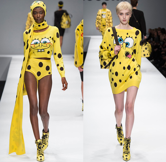 Moschino 2014-2015 Fall Autumn Winter Womens Runway Looks - Milano Moda Donna Milan Fashion Week - Camera Nazionale della Moda Italiana - Denim Jeans Waffle Quilted Outerwear Trench Coat Bomber Jacket Chains Urban Streetwear Gold Metallic Padlock Biker Ronald Mcdonald Cow SpongeBob SquarePants Polka Dots Teddy Candies Snacks Nutrition Facts Dress