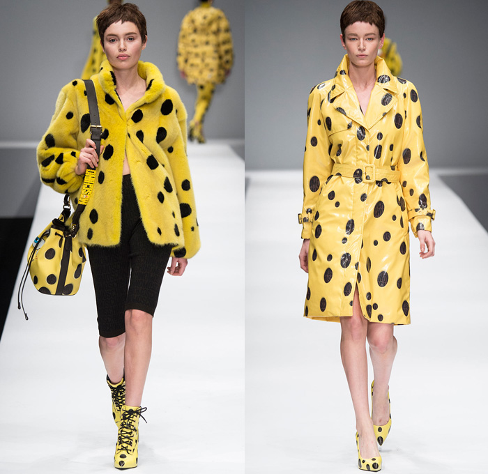 Moschino 2014-2015 Fall Autumn Winter Womens Runway Looks - Milano Moda Donna Milan Fashion Week - Camera Nazionale della Moda Italiana - Denim Jeans Waffle Quilted Outerwear Trench Coat Bomber Jacket Chains Urban Streetwear Gold Metallic Padlock Biker Ronald Mcdonald Cow SpongeBob SquarePants Polka Dots Teddy Candies Snacks Nutrition Facts Dress