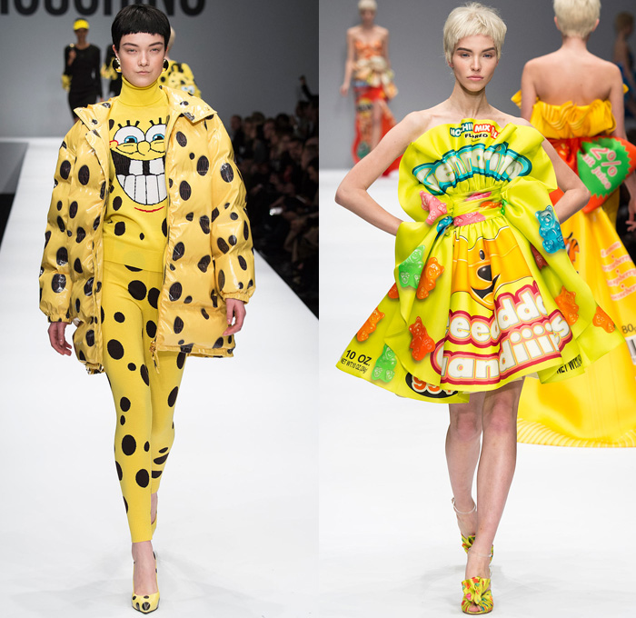 Moschino 2014-2015 Fall Autumn Winter Womens Runway Looks - Milano Moda Donna Milan Fashion Week - Camera Nazionale della Moda Italiana - Denim Jeans Waffle Quilted Outerwear Trench Coat Bomber Jacket Chains Urban Streetwear Gold Metallic Padlock Biker Ronald Mcdonald Cow SpongeBob SquarePants Polka Dots Teddy Candies Snacks Nutrition Facts Dress