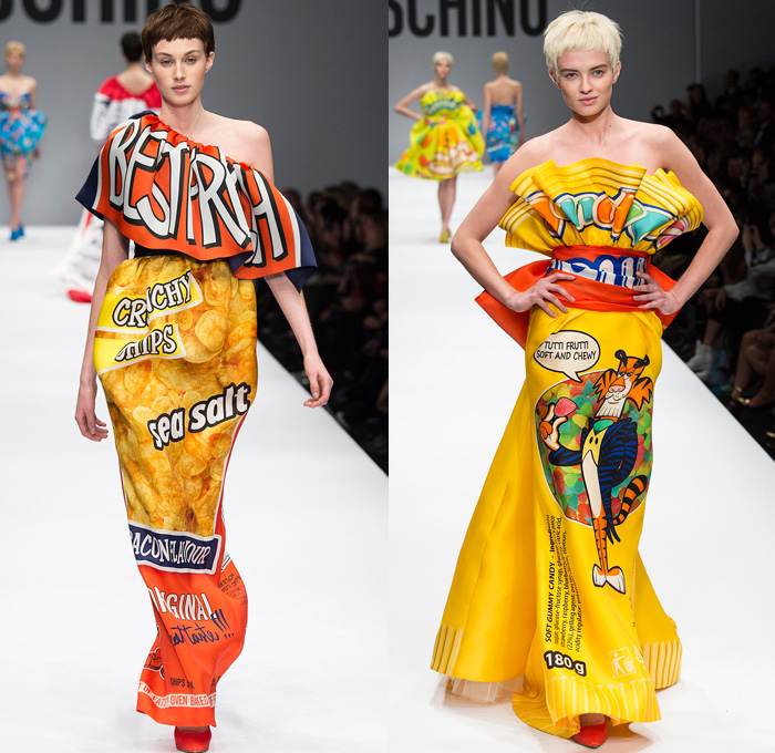 Moschino 2014-2015 Fall Autumn Winter Womens Runway Looks - Milano Moda Donna Milan Fashion Week - Camera Nazionale della Moda Italiana - Denim Jeans Waffle Quilted Outerwear Trench Coat Bomber Jacket Chains Urban Streetwear Gold Metallic Padlock Biker Ronald Mcdonald Cow SpongeBob SquarePants Polka Dots Teddy Candies Snacks Nutrition Facts Dress