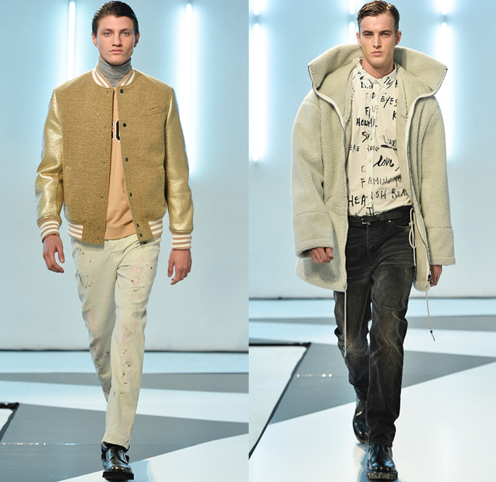 MSGM 2014-2015 Fall Autumn Winter Mens Runway Looks Fashion - Milano Moda Uomo Milan Fashion Week - Camera Nazionale della Moda Italiana - Massimo Giorgetti Designer - Denim Jeans Paint Splatters Bomber Jacket Turtleneck Sweater Jumper Scribbles Plaid Tartan Checks Illustrations Gold Metallic Foil Outerwear Coat Parka Marbled Grunge Jogging Sweatpants Camouflage