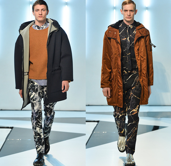 MSGM 2014-2015 Fall Autumn Winter Mens Runway Looks Fashion - Milano Moda Uomo Milan Fashion Week - Camera Nazionale della Moda Italiana - Massimo Giorgetti Designer - Denim Jeans Paint Splatters Bomber Jacket Turtleneck Sweater Jumper Scribbles Plaid Tartan Checks Illustrations Gold Metallic Foil Outerwear Coat Parka Marbled Grunge Jogging Sweatpants Camouflage