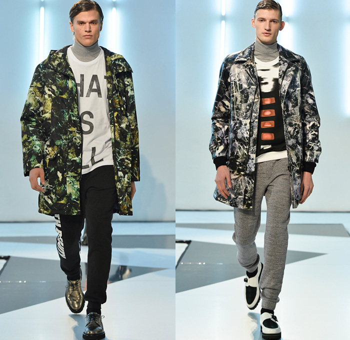 MSGM 2014-2015 Fall Autumn Winter Mens Runway Looks Fashion - Milano Moda Uomo Milan Fashion Week - Camera Nazionale della Moda Italiana - Massimo Giorgetti Designer - Denim Jeans Paint Splatters Bomber Jacket Turtleneck Sweater Jumper Scribbles Plaid Tartan Checks Illustrations Gold Metallic Foil Outerwear Coat Parka Marbled Grunge Jogging Sweatpants Camouflage