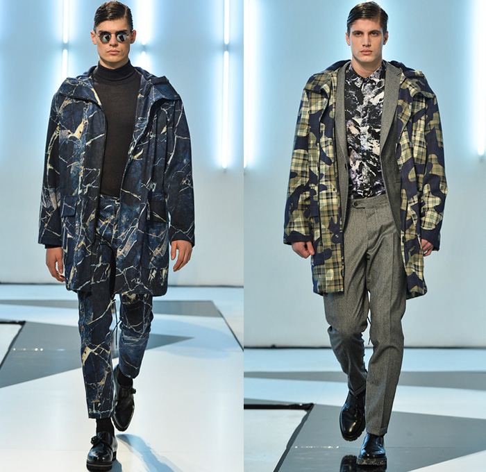 MSGM 2014-2015 Fall Autumn Winter Mens Runway Looks Fashion - Milano Moda Uomo Milan Fashion Week - Camera Nazionale della Moda Italiana - Massimo Giorgetti Designer - Denim Jeans Paint Splatters Bomber Jacket Turtleneck Sweater Jumper Scribbles Plaid Tartan Checks Illustrations Gold Metallic Foil Outerwear Coat Parka Marbled Grunge Jogging Sweatpants Camouflage