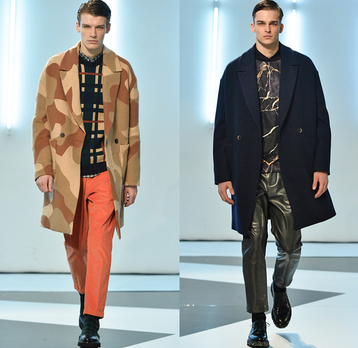 MSGM 2014-2015 Fall Autumn Winter Mens Runway Looks Fashion - Milano Moda Uomo Milan Fashion Week - Camera Nazionale della Moda Italiana - Massimo Giorgetti Designer - Denim Jeans Paint Splatters Bomber Jacket Turtleneck Sweater Jumper Scribbles Plaid Tartan Checks Illustrations Gold Metallic Foil Outerwear Coat Parka Marbled Grunge Jogging Sweatpants Camouflage