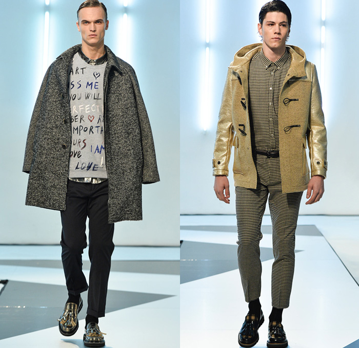 MSGM 2014-2015 Fall Autumn Winter Mens Runway Looks Fashion - Milano Moda Uomo Milan Fashion Week - Camera Nazionale della Moda Italiana - Massimo Giorgetti Designer - Denim Jeans Paint Splatters Bomber Jacket Turtleneck Sweater Jumper Scribbles Plaid Tartan Checks Illustrations Gold Metallic Foil Outerwear Coat Parka Marbled Grunge Jogging Sweatpants Camouflage