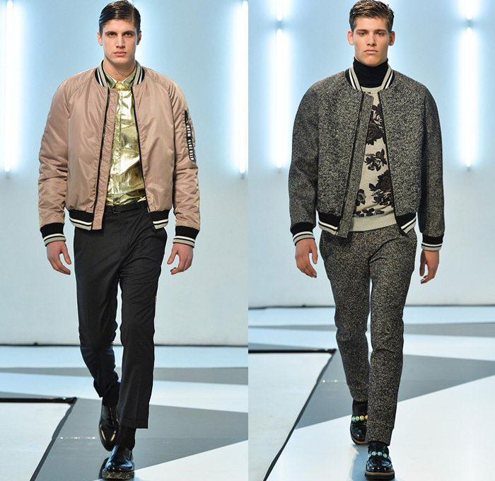 MSGM 2014-2015 Fall Autumn Winter Mens Runway Looks Fashion - Milano Moda Uomo Milan Fashion Week - Camera Nazionale della Moda Italiana - Massimo Giorgetti Designer - Denim Jeans Paint Splatters Bomber Jacket Turtleneck Sweater Jumper Scribbles Plaid Tartan Checks Illustrations Gold Metallic Foil Outerwear Coat Parka Marbled Grunge Jogging Sweatpants Camouflage