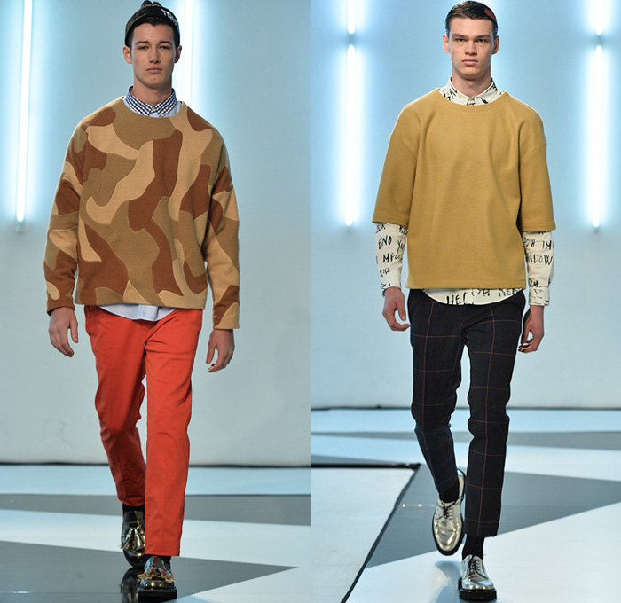 MSGM 2014-2015 Fall Autumn Winter Mens Runway Looks Fashion - Milano Moda Uomo Milan Fashion Week - Camera Nazionale della Moda Italiana - Massimo Giorgetti Designer - Denim Jeans Paint Splatters Bomber Jacket Turtleneck Sweater Jumper Scribbles Plaid Tartan Checks Illustrations Gold Metallic Foil Outerwear Coat Parka Marbled Grunge Jogging Sweatpants Camouflage