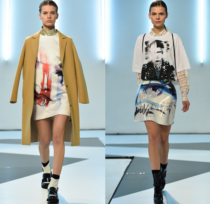 MSGM by Massimo Giorgetti 2014-2015 Fall Autumn Winter Womens Runway Looks Fashion - Milano Moda Uomo Milan Fashion Week - Camera Nazionale della Moda Italiana - Artistic Portraits Watercolor Illustrations Lips Kisses Eyes Graphic Print Coat Plaid Sweaterdress Jumperdress Knit Tuxedo Stripe Hoodie Sweatshirt Strapless Dress Bomber Varsity Jacket Typography Mini Skirt Metallic