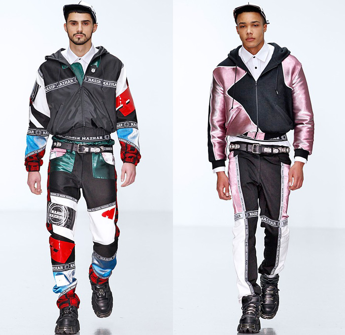 Nasir Mazhar 2014-2015 Fall Autumn Winter Mens Runway Looks Fashion - London Collections - Motocross Biker Multi-Panel Motorcycle Denim Jeans Racer Rider Hoodie Track Jacket Sweatshirt Mask Sweater Jumper Backpack Crossover Harness Jogging Athletic Sporty Sweatpants Straps Silky Metallic Streetwear