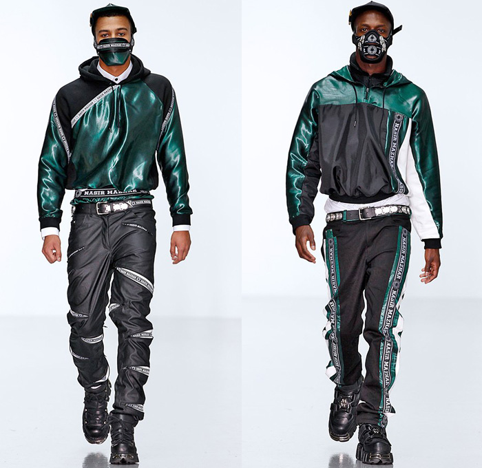 Nasir Mazhar 2014-2015 Fall Autumn Winter Mens Runway Looks Fashion - London Collections - Motocross Biker Multi-Panel Motorcycle Denim Jeans Racer Rider Hoodie Track Jacket Sweatshirt Mask Sweater Jumper Backpack Crossover Harness Jogging Athletic Sporty Sweatpants Straps Silky Metallic Streetwear