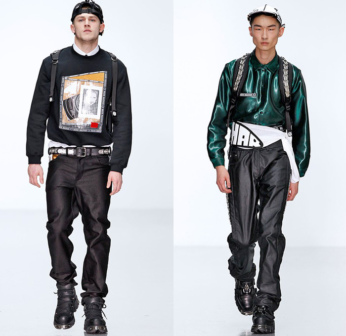 Nasir Mazhar 2014-2015 Fall Autumn Winter Mens Runway Looks Fashion - London Collections - Motocross Biker Multi-Panel Motorcycle Denim Jeans Racer Rider Hoodie Track Jacket Sweatshirt Mask Sweater Jumper Backpack Crossover Harness Jogging Athletic Sporty Sweatpants Straps Silky Metallic Streetwear