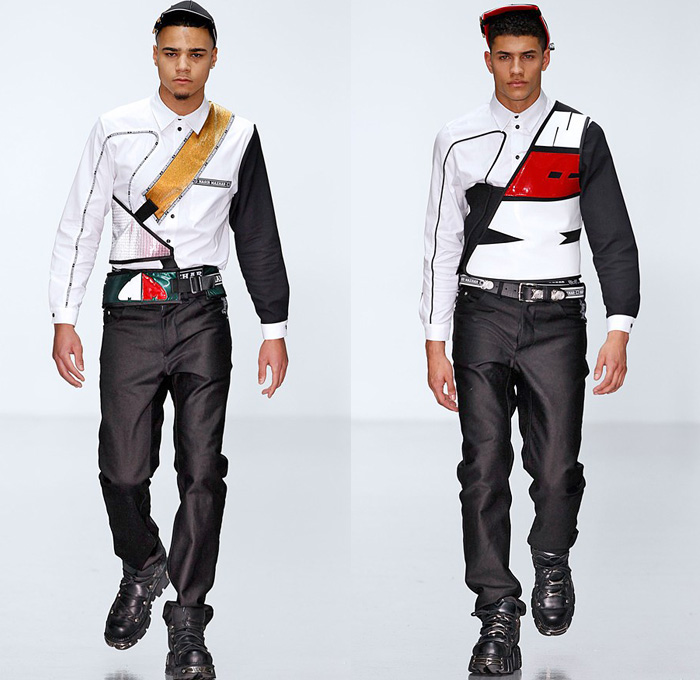 Nasir Mazhar 2014-2015 Fall Autumn Winter Mens Runway Looks Fashion - London Collections - Motocross Biker Multi-Panel Motorcycle Denim Jeans Racer Rider Hoodie Track Jacket Sweatshirt Mask Sweater Jumper Backpack Crossover Harness Jogging Athletic Sporty Sweatpants Straps Silky Metallic Streetwear