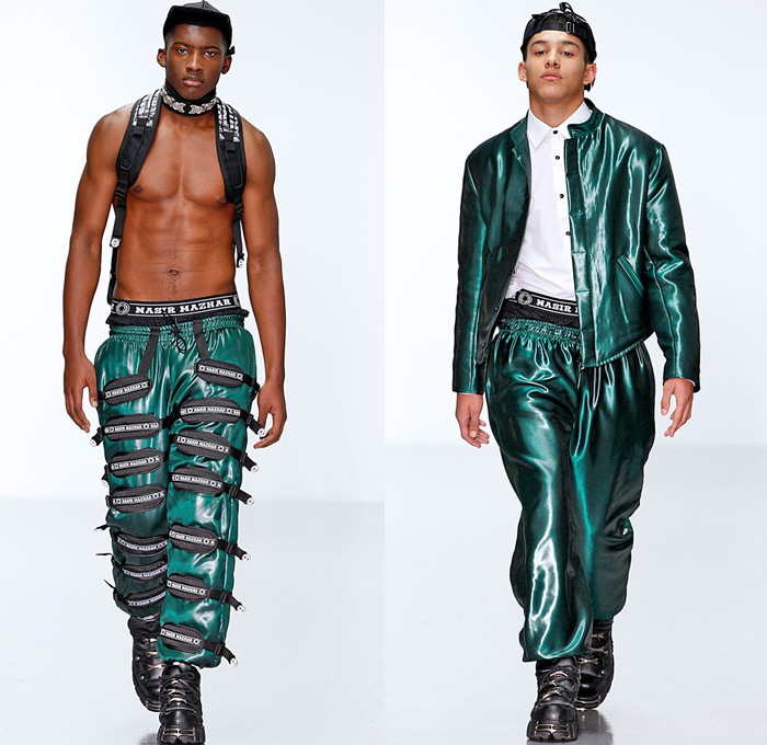 Nasir Mazhar 2014-2015 Fall Autumn Winter Mens Runway Looks Fashion - London Collections - Motocross Biker Multi-Panel Motorcycle Denim Jeans Racer Rider Hoodie Track Jacket Sweatshirt Mask Sweater Jumper Backpack Crossover Harness Jogging Athletic Sporty Sweatpants Straps Silky Metallic Streetwear