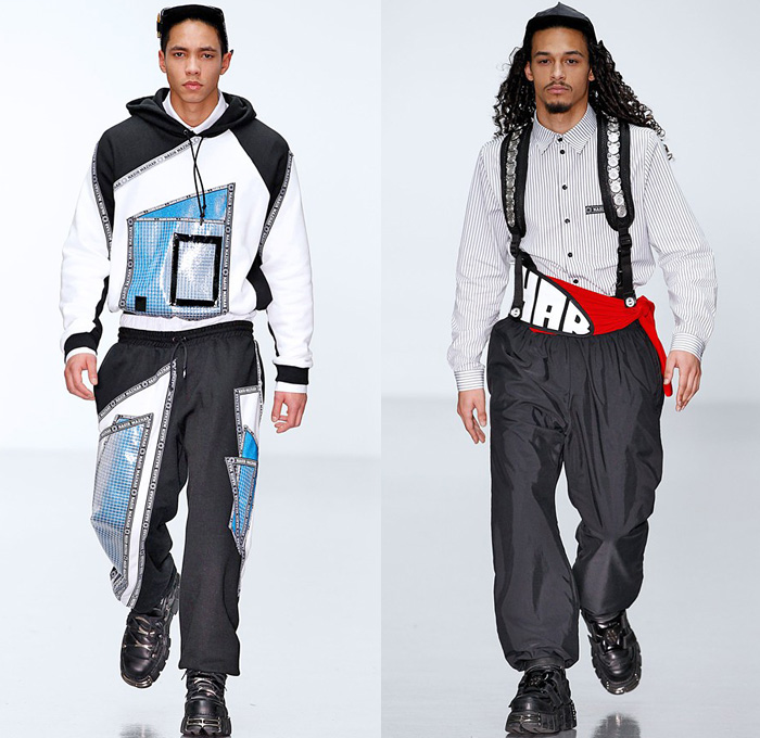 Nasir Mazhar 2014-2015 Fall Autumn Winter Mens Runway Looks Fashion - London Collections - Motocross Biker Multi-Panel Motorcycle Denim Jeans Racer Rider Hoodie Track Jacket Sweatshirt Mask Sweater Jumper Backpack Crossover Harness Jogging Athletic Sporty Sweatpants Straps Silky Metallic Streetwear