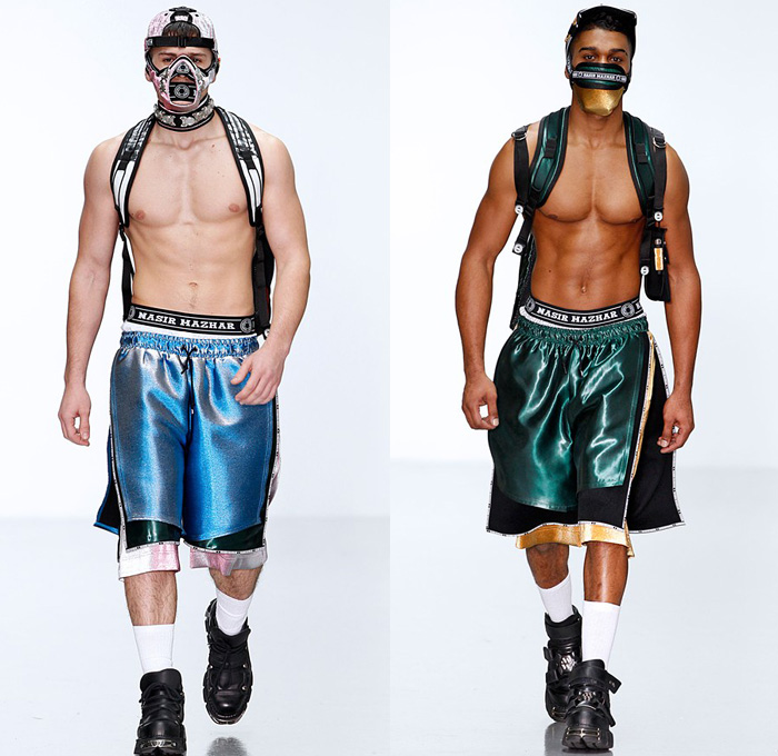 Nasir Mazhar 2014-2015 Fall Autumn Winter Mens Runway Looks Fashion - London Collections - Motocross Biker Multi-Panel Motorcycle Denim Jeans Racer Rider Hoodie Track Jacket Sweatshirt Mask Sweater Jumper Backpack Crossover Harness Jogging Athletic Sporty Sweatpants Straps Silky Metallic Streetwear