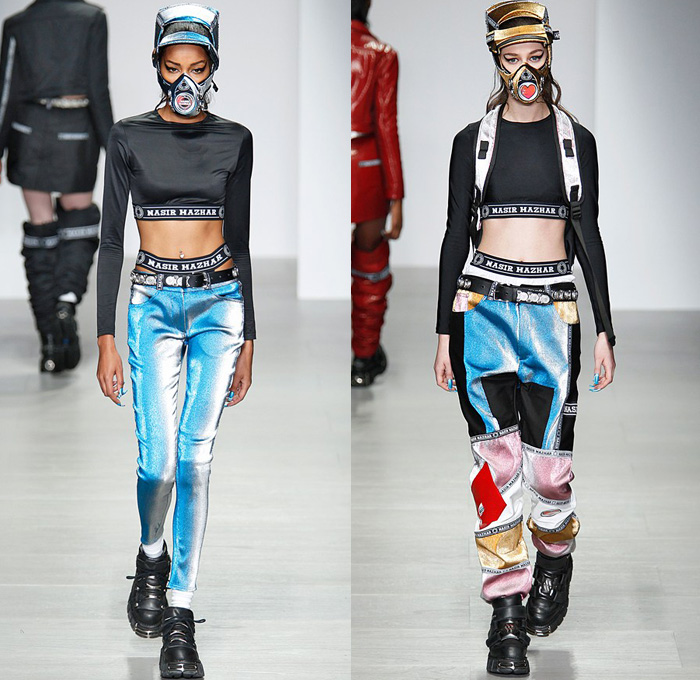 Nasir Mazhar 2014-2015 Fall Autumn Winter Womens Runway Looks - London Fashion Week Catwalk England British UK - Denim Jeans Metallic Foil Urban High End Streetwear Sporty Crop Top Midriff Sweater Jumper Gas Mask Multi-Panel Patchwork Backpack Hoodie Sweatshirt Jogging Sweatpants Skirt Trucker Jacket