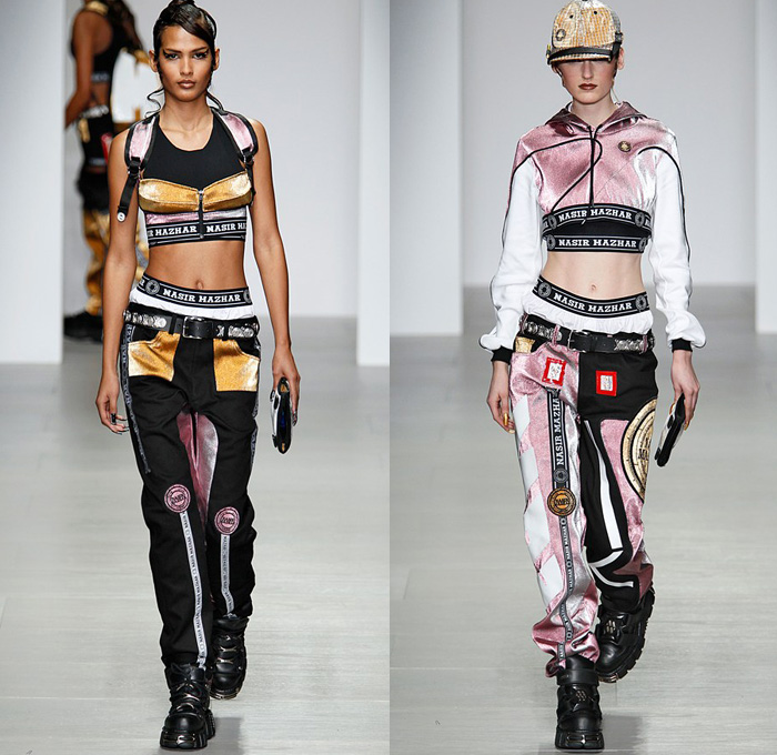 Nasir Mazhar 2014-2015 Fall Autumn Winter Womens Runway Looks - London Fashion Week Catwalk England British UK - Denim Jeans Metallic Foil Urban High End Streetwear Sporty Crop Top Midriff Sweater Jumper Gas Mask Multi-Panel Patchwork Backpack Hoodie Sweatshirt Jogging Sweatpants Skirt Trucker Jacket