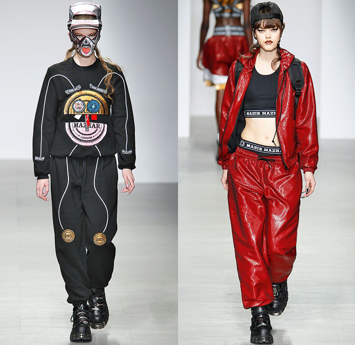 Nasir Mazhar 2014-2015 Fall Autumn Winter Womens Runway Looks - London Fashion Week Catwalk England British UK - Denim Jeans Metallic Foil Urban High End Streetwear Sporty Crop Top Midriff Sweater Jumper Gas Mask Multi-Panel Patchwork Backpack Hoodie Sweatshirt Jogging Sweatpants Skirt Trucker Jacket