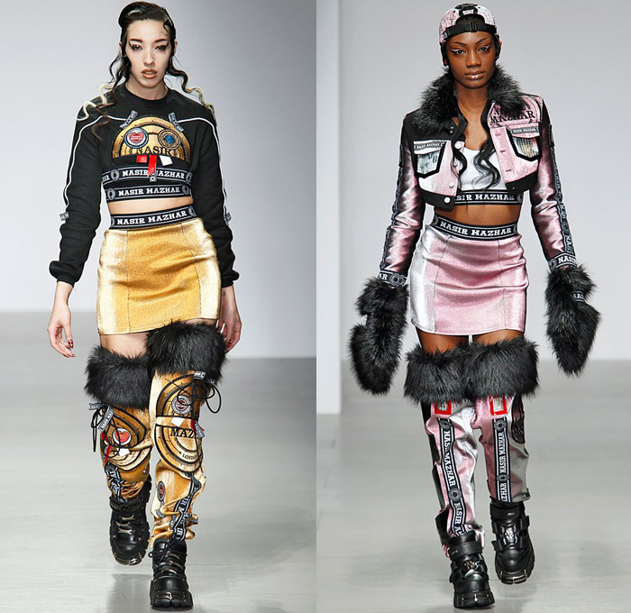 Nasir Mazhar 2014-2015 Fall Autumn Winter Womens Runway Looks - London Fashion Week Catwalk England British UK - Denim Jeans Metallic Foil Urban High End Streetwear Sporty Crop Top Midriff Sweater Jumper Gas Mask Multi-Panel Patchwork Backpack Hoodie Sweatshirt Jogging Sweatpants Skirt Trucker Jacket