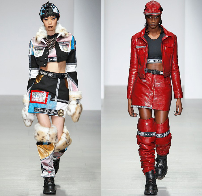 Nasir Mazhar 2014-2015 Fall Autumn Winter Womens Runway Looks - London Fashion Week Catwalk England British UK - Denim Jeans Metallic Foil Urban High End Streetwear Sporty Crop Top Midriff Sweater Jumper Gas Mask Multi-Panel Patchwork Backpack Hoodie Sweatshirt Jogging Sweatpants Skirt Trucker Jacket