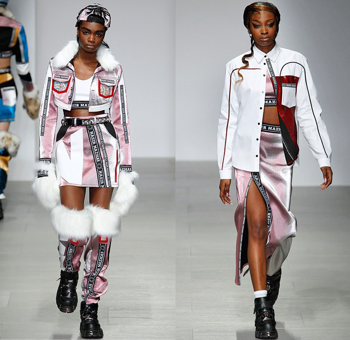 Nasir Mazhar 2014-2015 Fall Autumn Winter Womens Runway Looks - London Fashion Week Catwalk England British UK - Denim Jeans Metallic Foil Urban High End Streetwear Sporty Crop Top Midriff Sweater Jumper Gas Mask Multi-Panel Patchwork Backpack Hoodie Sweatshirt Jogging Sweatpants Skirt Trucker Jacket