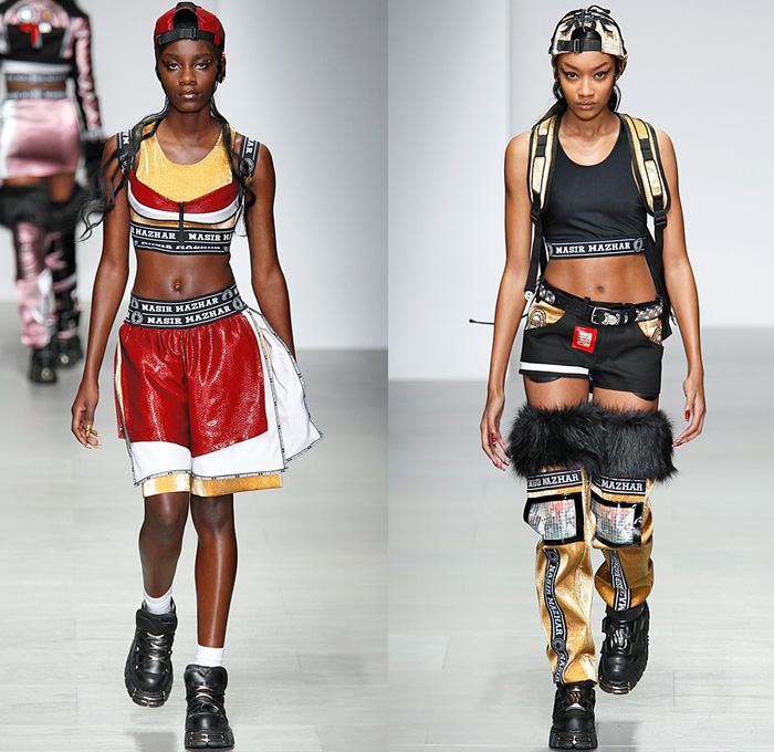 Nasir Mazhar 2014-2015 Fall Autumn Winter Womens Runway Looks - London Fashion Week Catwalk England British UK - Denim Jeans Metallic Foil Urban High End Streetwear Sporty Crop Top Midriff Sweater Jumper Gas Mask Multi-Panel Patchwork Backpack Hoodie Sweatshirt Jogging Sweatpants Skirt Trucker Jacket