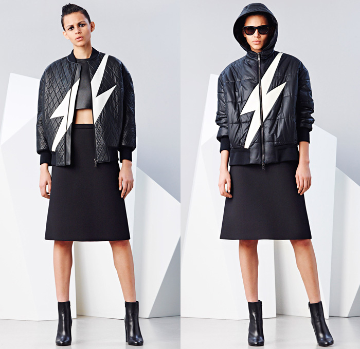 Neil Barrett 2014-2015 Fall Autumn Winter Womens Lookbook Presentation - Paris Fashion Week Prêt à Porter Défilés - Flash Lightning Bolt Outerwear Coat Bomber Jacket Waffle Quilted Skirt Frock Leather Crop Top Midriff Hoodie Ruffles Dots Puffer Down Jacket Handkerchief Hem Ombre Motorcycle Biker Sweatpants Spaghetti Noodle Strap Sweaterdress