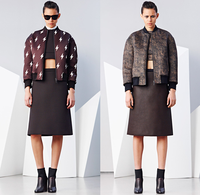 Neil Barrett 2014-2015 Fall Autumn Winter Womens Lookbook Presentation - Paris Fashion Week Prêt à Porter Défilés - Flash Lightning Bolt Outerwear Coat Bomber Jacket Waffle Quilted Skirt Frock Leather Crop Top Midriff Hoodie Ruffles Dots Puffer Down Jacket Handkerchief Hem Ombre Motorcycle Biker Sweatpants Spaghetti Noodle Strap Sweaterdress