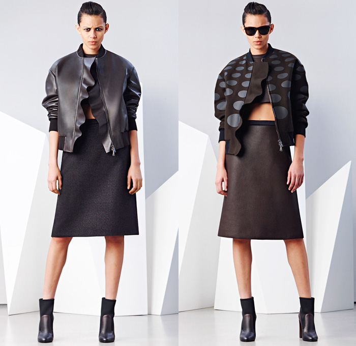 Neil Barrett 2014-2015 Fall Autumn Winter Womens Lookbook Presentation - Paris Fashion Week Prêt à Porter Défilés - Flash Lightning Bolt Outerwear Coat Bomber Jacket Waffle Quilted Skirt Frock Leather Crop Top Midriff Hoodie Ruffles Dots Puffer Down Jacket Handkerchief Hem Ombre Motorcycle Biker Sweatpants Spaghetti Noodle Strap Sweaterdress