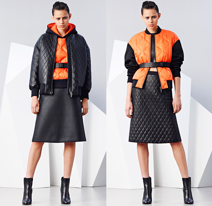 Neil Barrett 2014-2015 Fall Autumn Winter Womens Lookbook Presentation - Paris Fashion Week Prêt à Porter Défilés - Flash Lightning Bolt Outerwear Coat Bomber Jacket Waffle Quilted Skirt Frock Leather Crop Top Midriff Hoodie Ruffles Dots Puffer Down Jacket Handkerchief Hem Ombre Motorcycle Biker Sweatpants Spaghetti Noodle Strap Sweaterdress