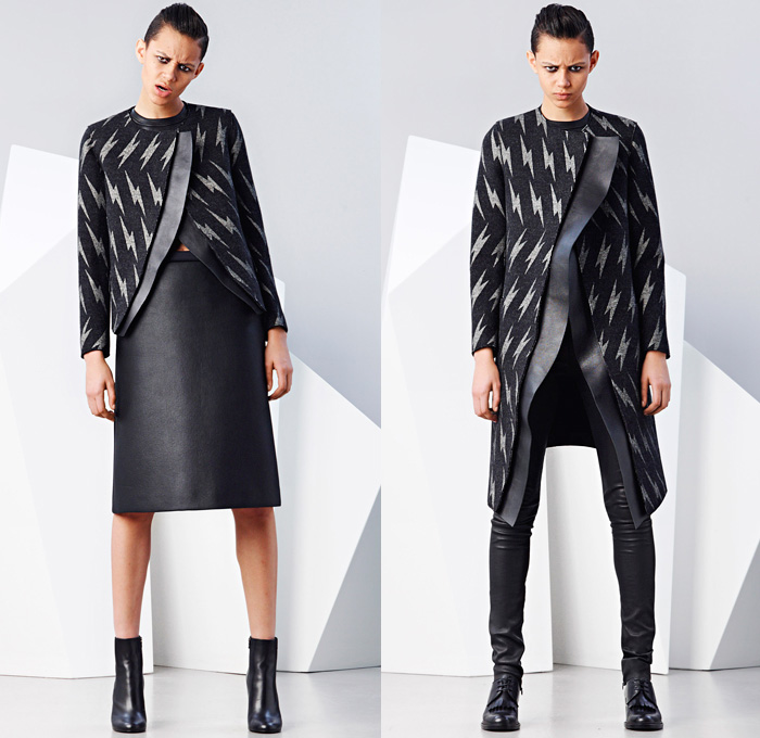 Neil Barrett 2014-2015 Fall Autumn Winter Womens Lookbook Presentation - Paris Fashion Week Prêt à Porter Défilés - Flash Lightning Bolt Outerwear Coat Bomber Jacket Waffle Quilted Skirt Frock Leather Crop Top Midriff Hoodie Ruffles Dots Puffer Down Jacket Handkerchief Hem Ombre Motorcycle Biker Sweatpants Spaghetti Noodle Strap Sweaterdress