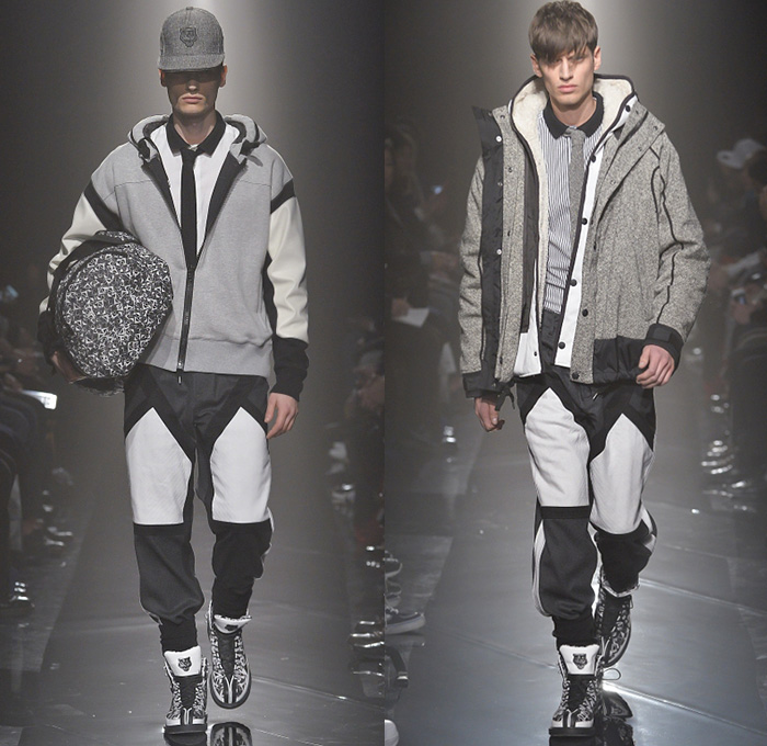 Onitsuka Tiger x ANDREA POMPILIO 2014-2015 Fall Autumn Winter Mens Runway Looks - Mercedes-Benz Fashion Week Tokyo Japan Catwalk Fashion Show - Goggles Snow Outerwear Parka Coat Multi-Panel Sporty Athletic Sweater Jumper Stripes Bomber Varsity Jacket Jogging Sweatpants Straps Backpack Necktie