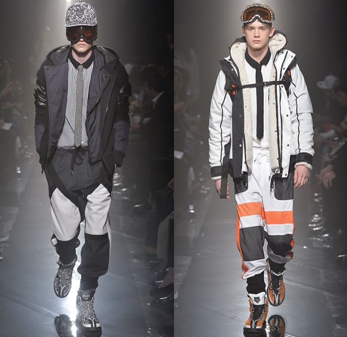 Onitsuka Tiger x ANDREA POMPILIO 2014-2015 Fall Autumn Winter Mens Runway Looks - Mercedes-Benz Fashion Week Tokyo Japan Catwalk Fashion Show - Goggles Snow Outerwear Parka Coat Multi-Panel Sporty Athletic Sweater Jumper Stripes Bomber Varsity Jacket Jogging Sweatpants Straps Backpack Necktie