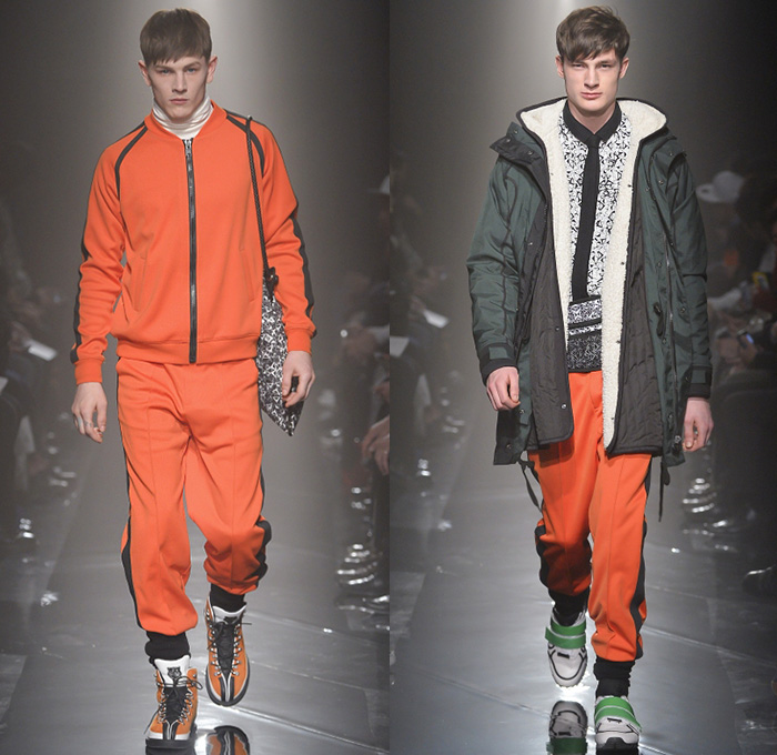 Onitsuka Tiger x ANDREA POMPILIO 2014-2015 Fall Autumn Winter Mens Runway Looks - Mercedes-Benz Fashion Week Tokyo Japan Catwalk Fashion Show - Goggles Snow Outerwear Parka Coat Multi-Panel Sporty Athletic Sweater Jumper Stripes Bomber Varsity Jacket Jogging Sweatpants Straps Backpack Necktie